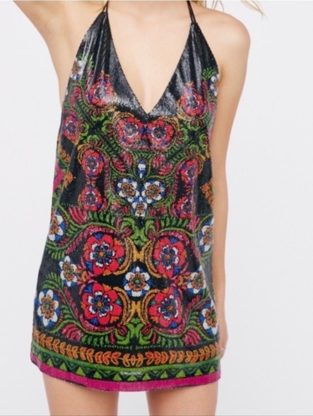 Free People Tangier Floral Festival Boho-chic Sequins Sleeveless Mini Dress XS